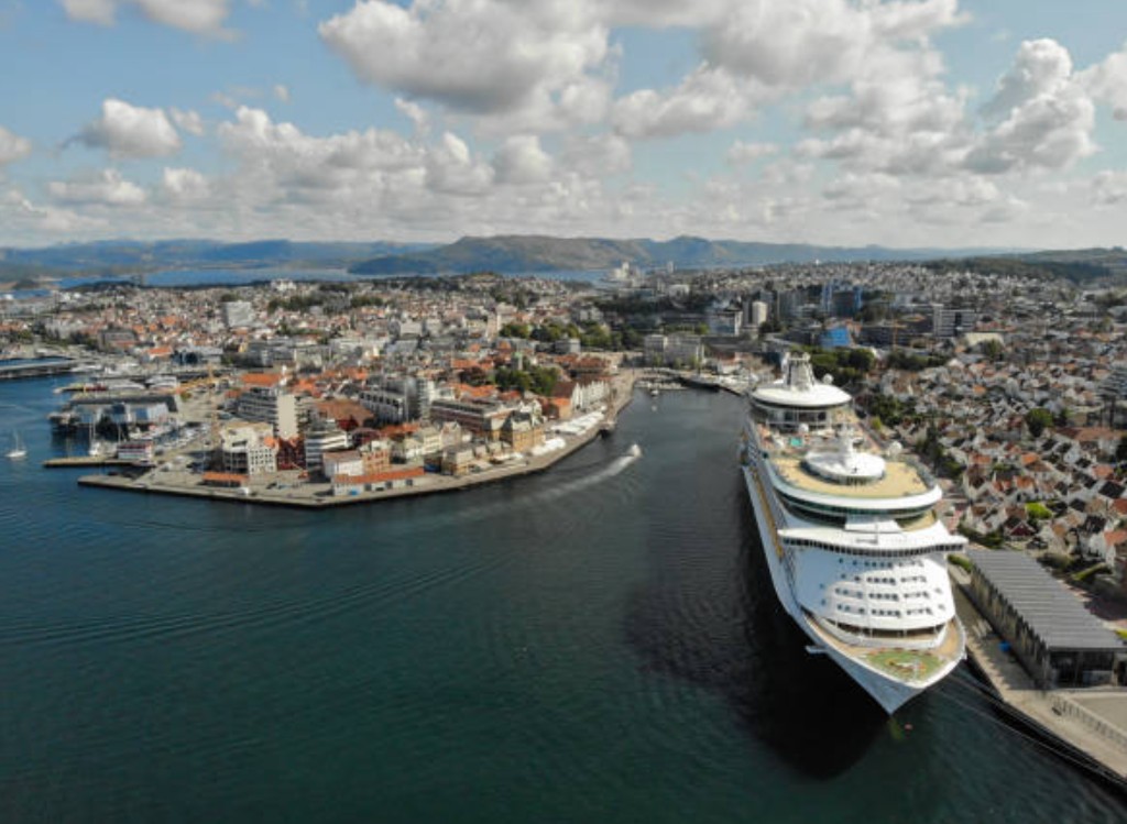 Aerial view of Stavanger cruise port and Old Town within walking distance of the gangway